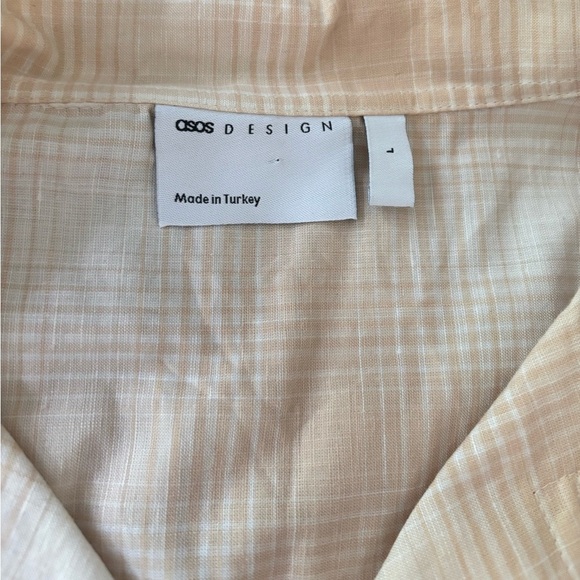 ASOS Men's Button Up Shirt Peach & White Checkered Casual linen blend Size Large - Picture 3 of 4